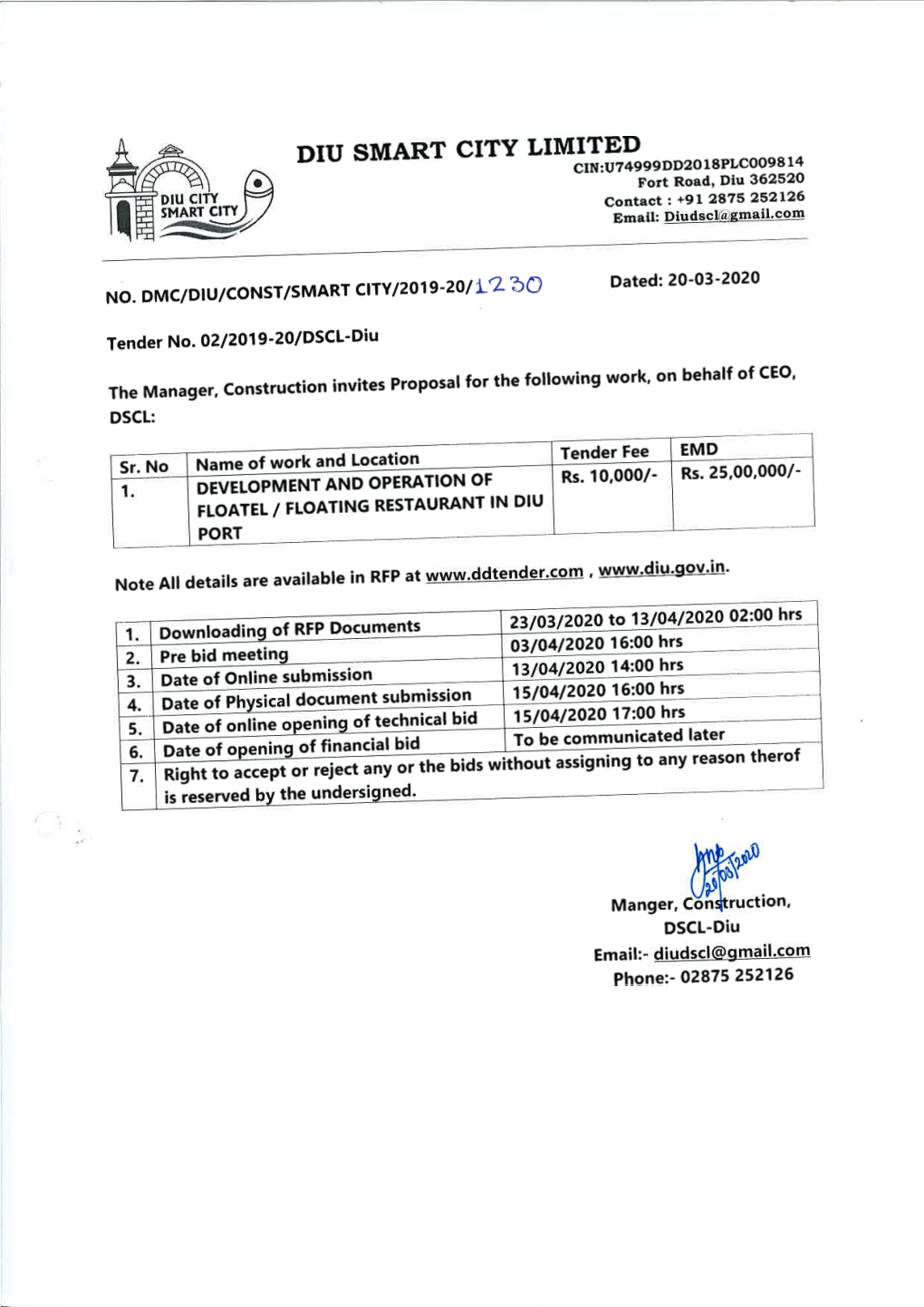 Development and Operation of Floatel / Floating Restaurant in Diu Port