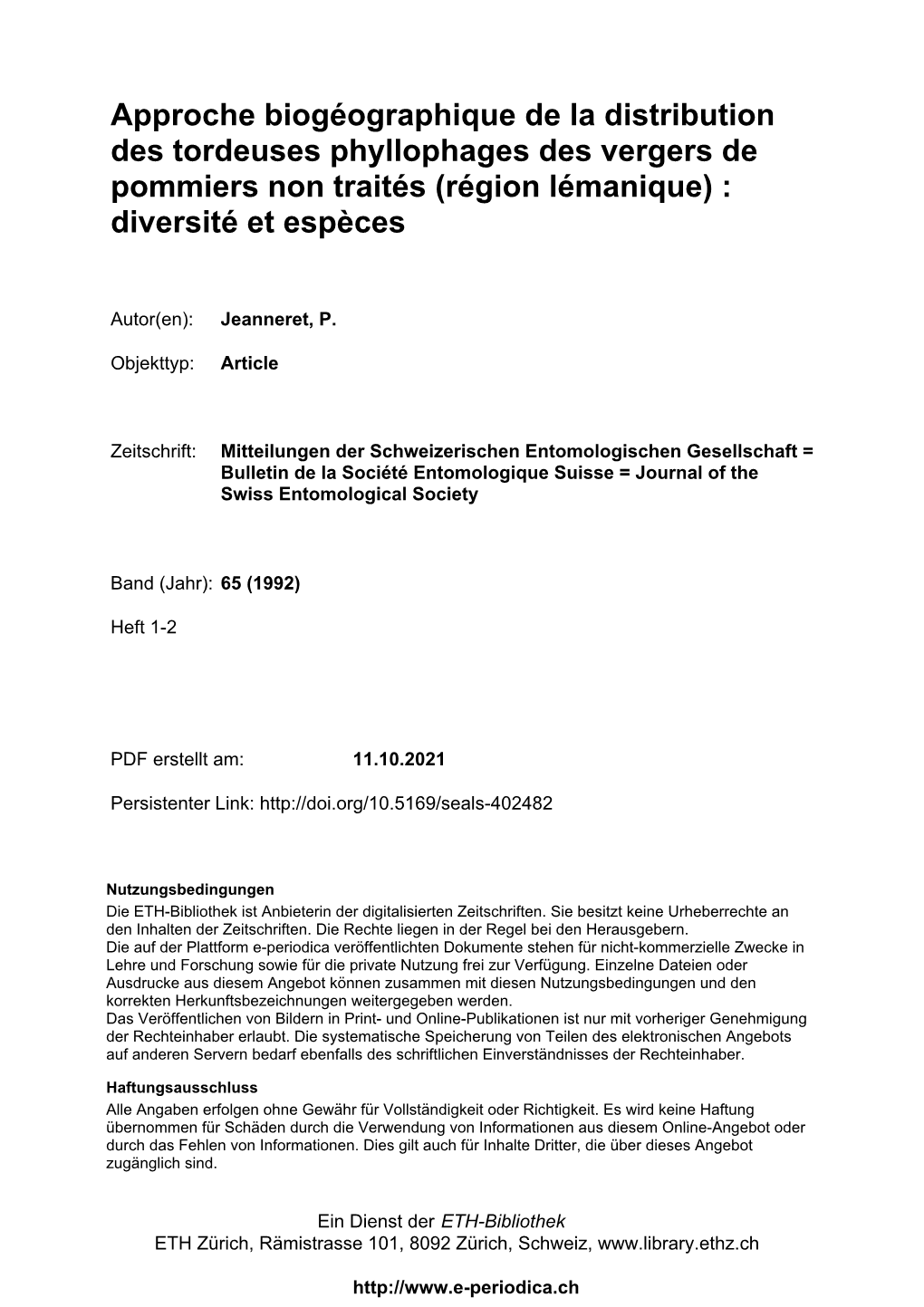 Approche Biogéographique De La Distribution Des Tordeuses Phyllophages Des Vergers De Pommiers Non Traités (Région Lémanique) : Diversité Et Espèces