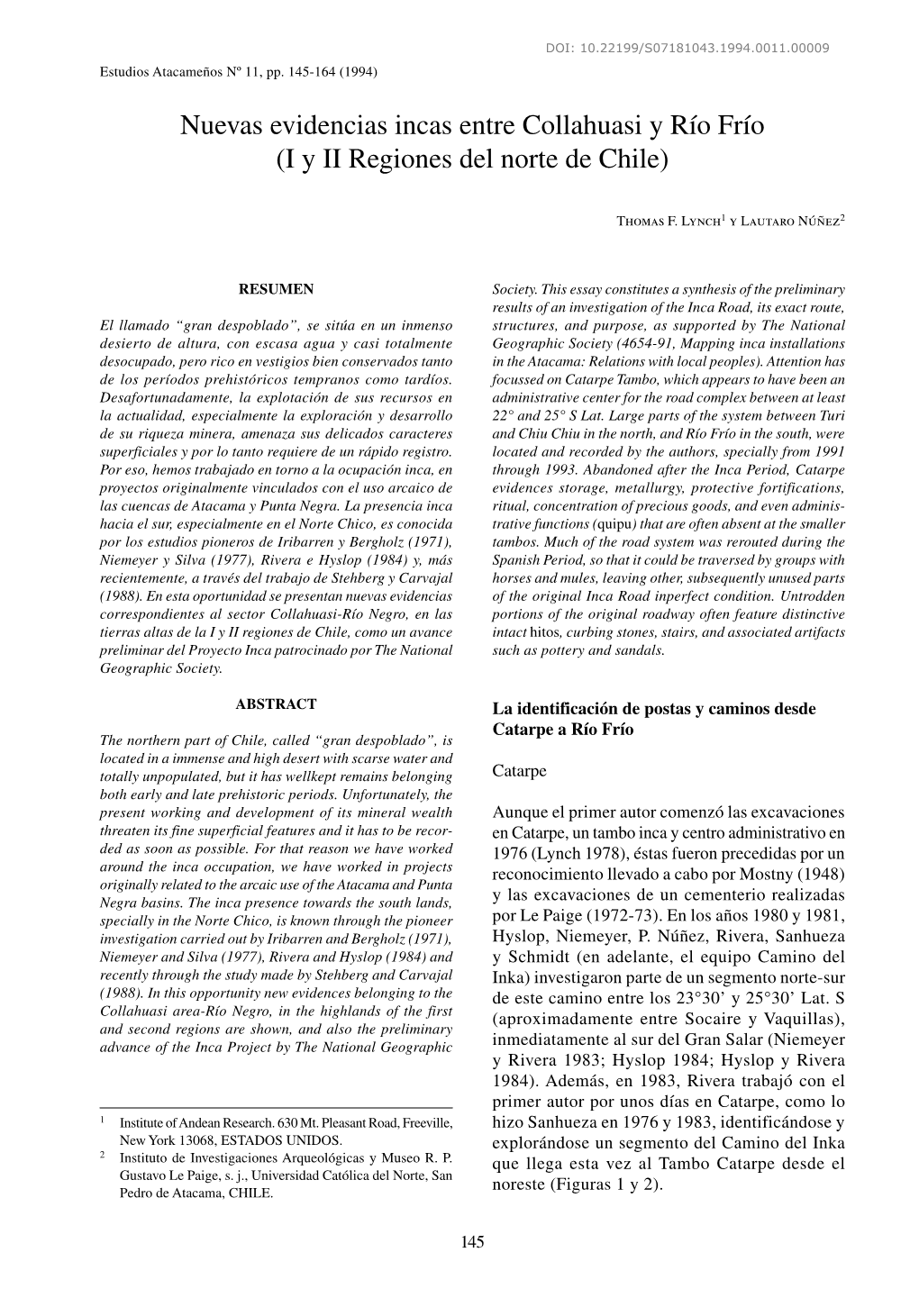 Nuevas Evidencias Incas Entre Collahuasi Y Río Frío (I Y II Regiones Del Norte De Chile)