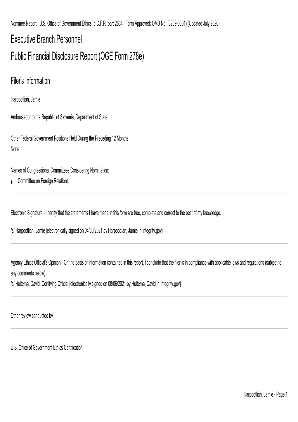 Executive Branch Personnel Public Financial Disclosure Report (OGE Form 278E)