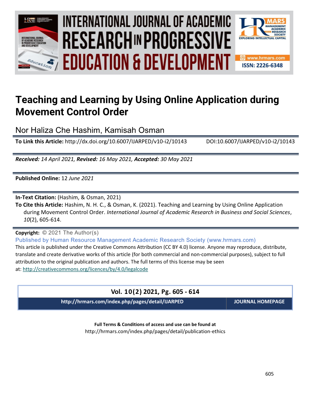 Teaching and Learning by Using Online Application During Movement Control Order