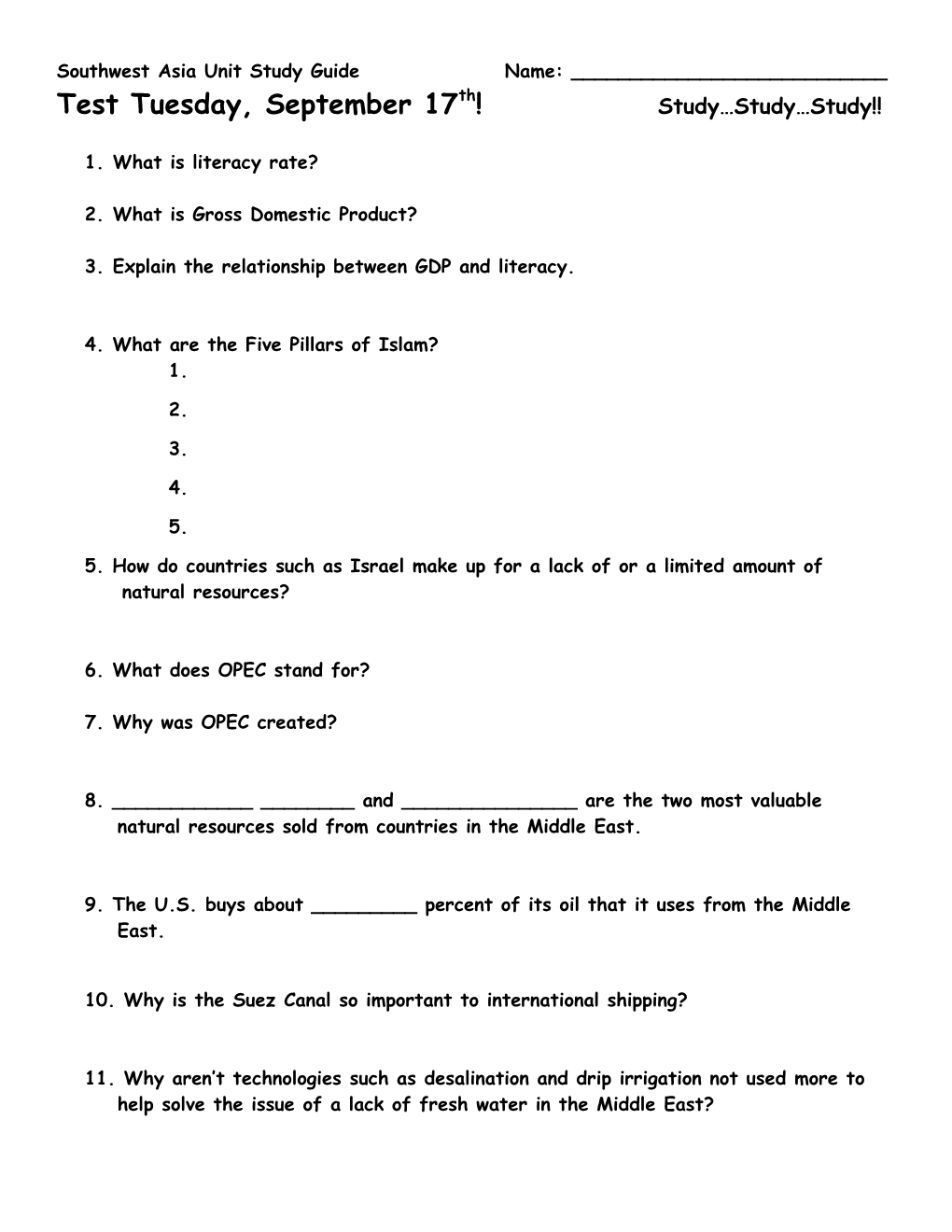 Southwest Asia Unit Study Guide