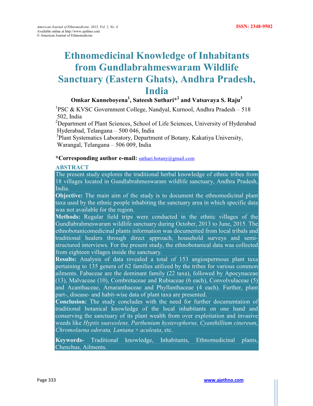 Ethnomedicinal Knowledge of Inhabitants from Gundlabrahmeswaram Wildlife Sanctuary (Eastern Ghats), Andhra Pradesh, India