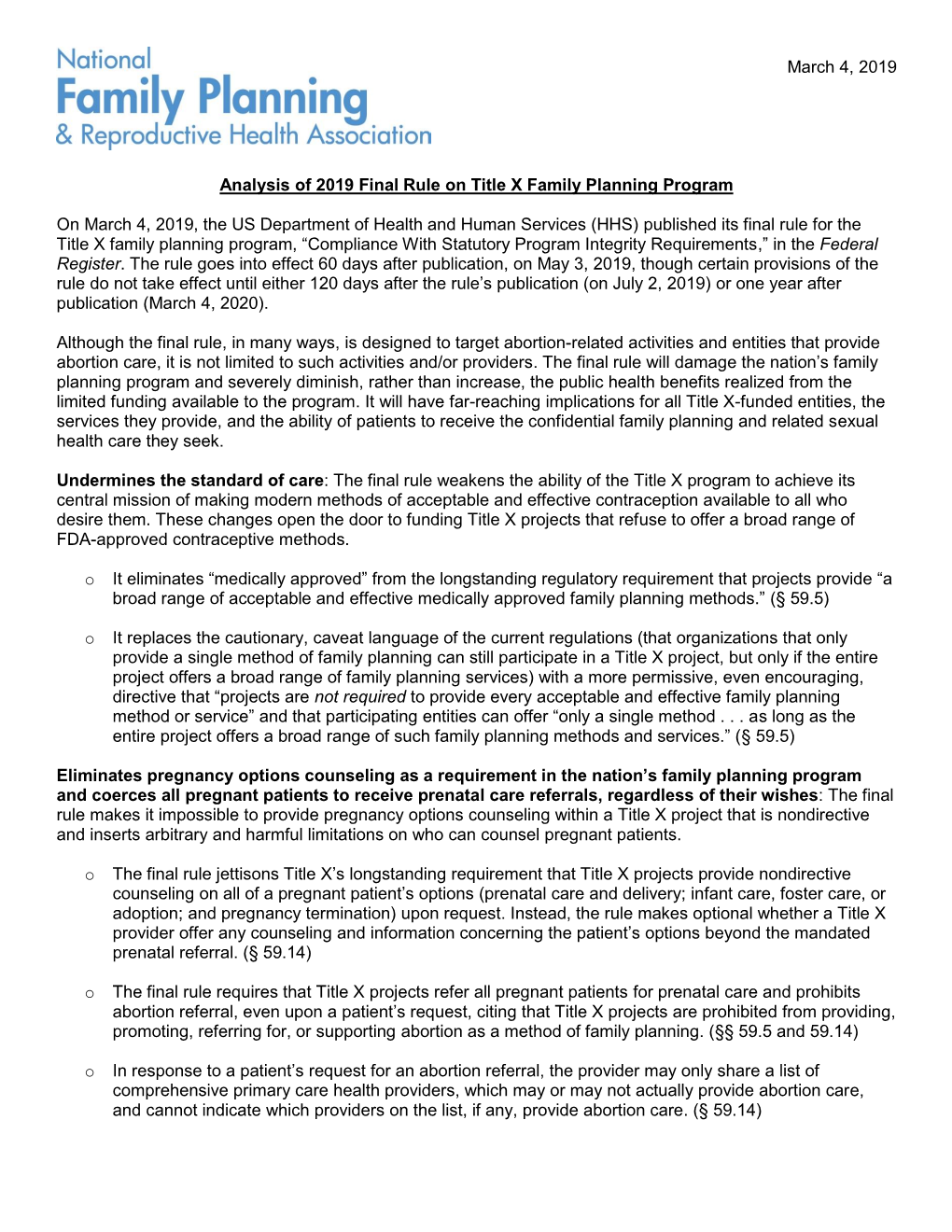 Analysis of 2019 Final Rule on Title X Family Planning Program