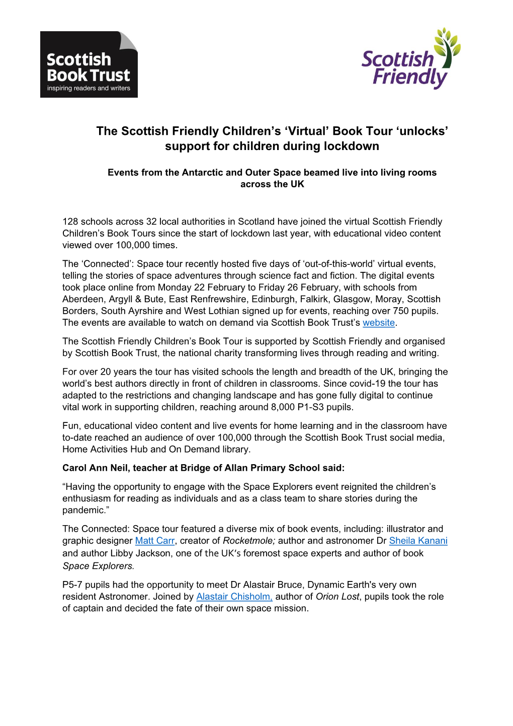 The Scottish Friendly Children's 'Virtual' Book Tour 'Unlocks' Support