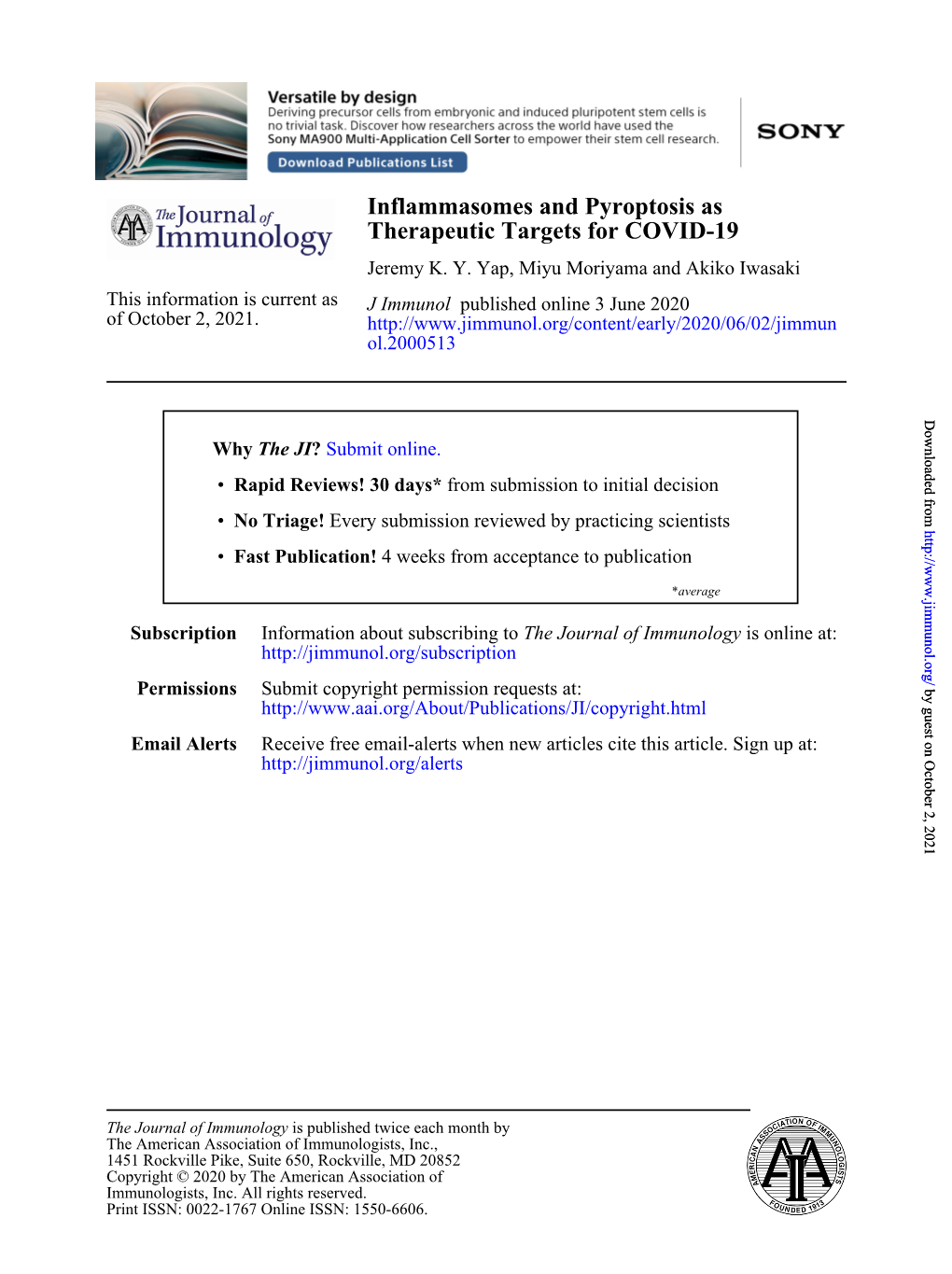 Inflammasomes and Pyroptosis As Therapeutic Targets for COVID-19 Jeremy K