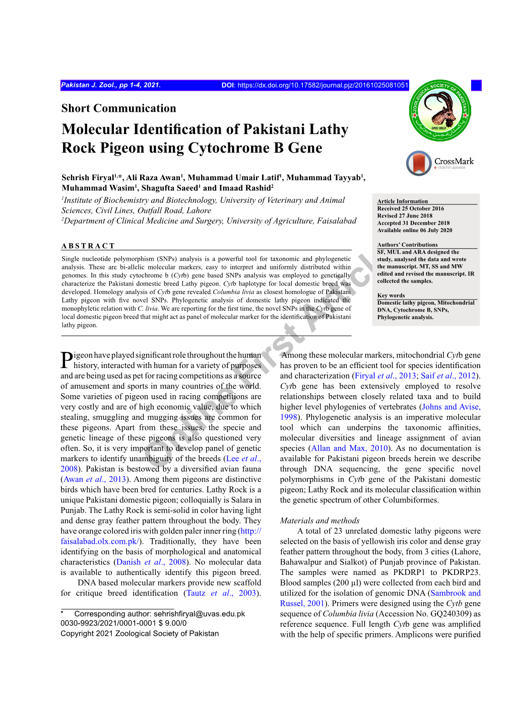 Online First Article Molecular Identification of Pakistani Lathy