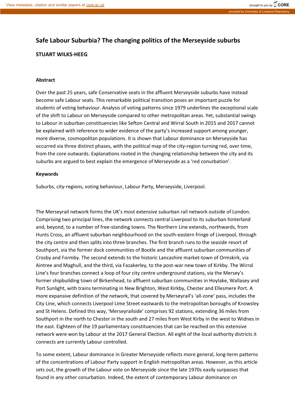 Safe Labour Suburbia? the Changing Politics of the Merseyside Suburbs