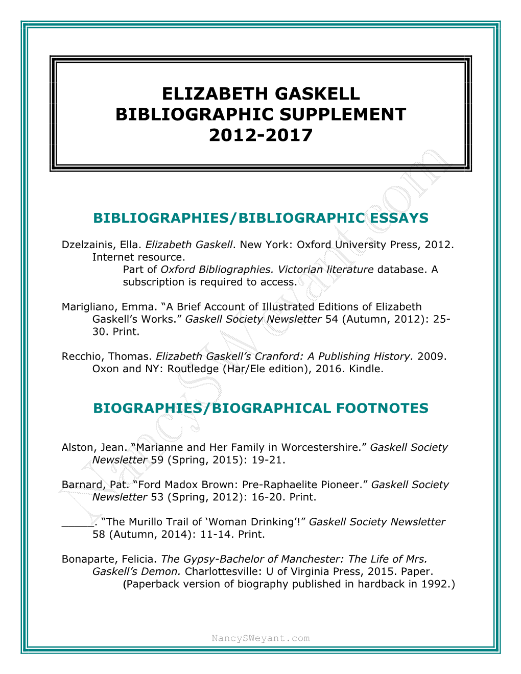 Elizabeth Gaskell Bibliographic Supplement 2012-2017