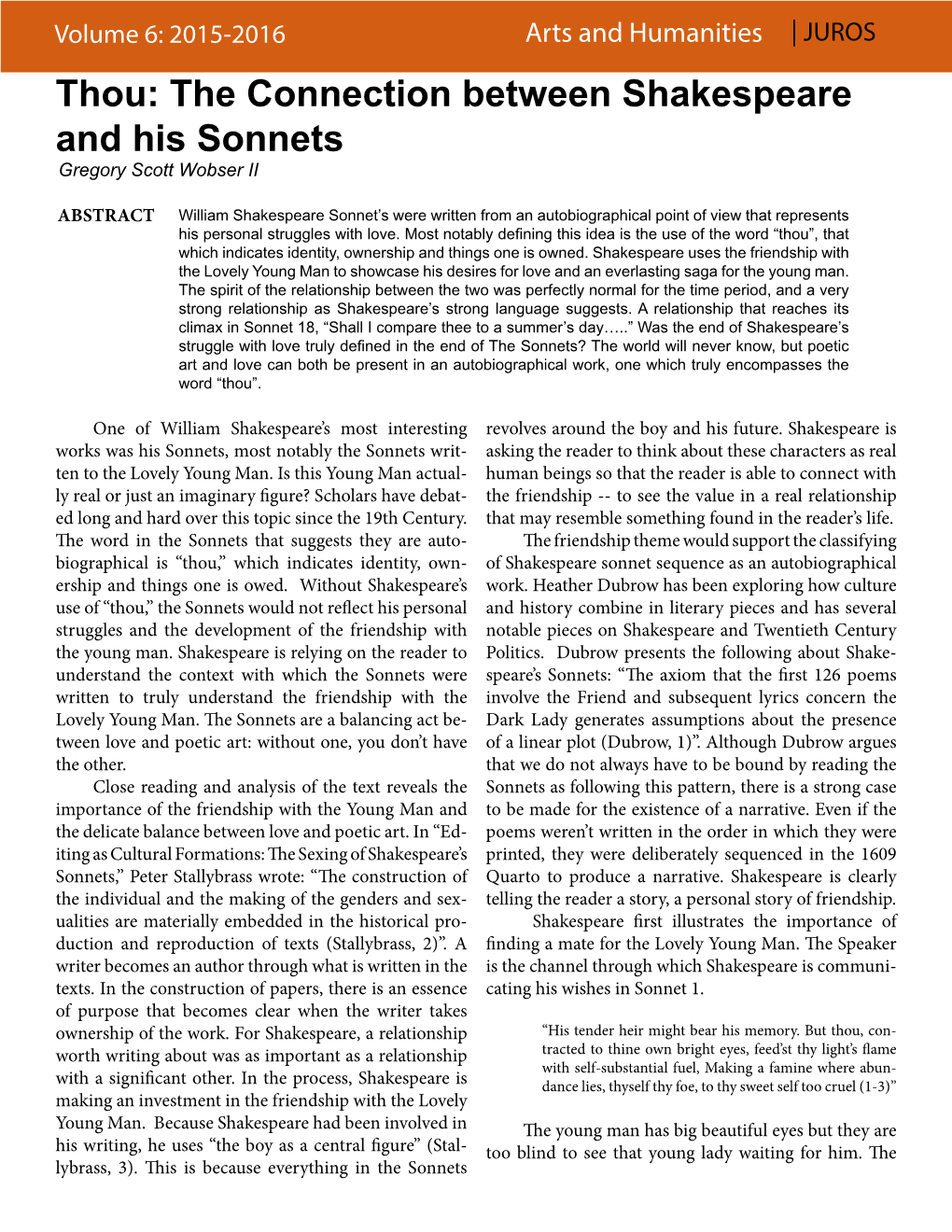 Thou: the Connection Between Shakespeare and His Sonnets Gregory Scott Wobser II