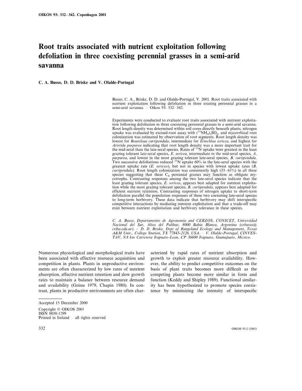 Root Traits Associated with Nutrient Exploitation Following Defoliation in Three Coexisting Perennial Grasses in a Semi-Arid Savanna