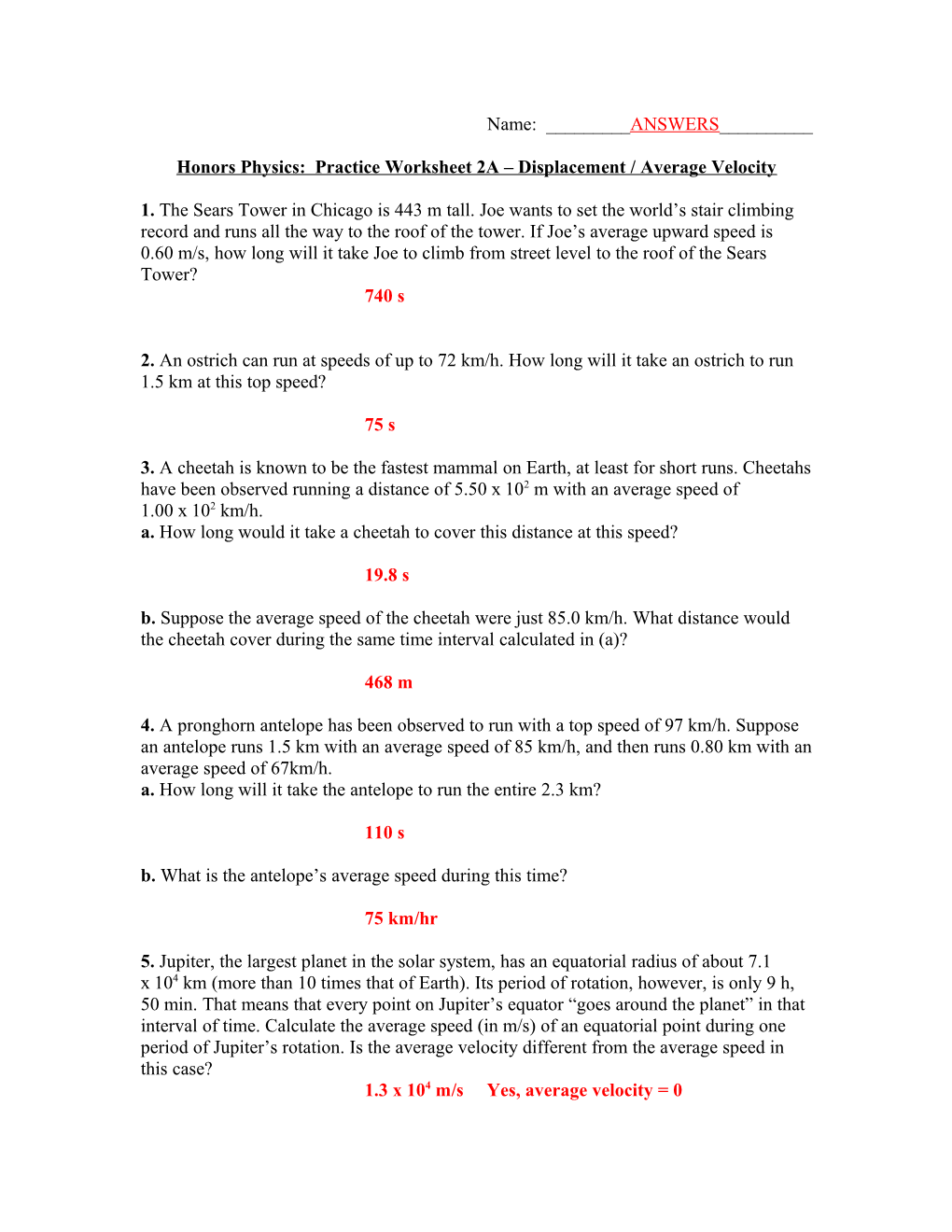 Honors Physics: Practice Worksheet 2A Displacement / Average Velocity s1