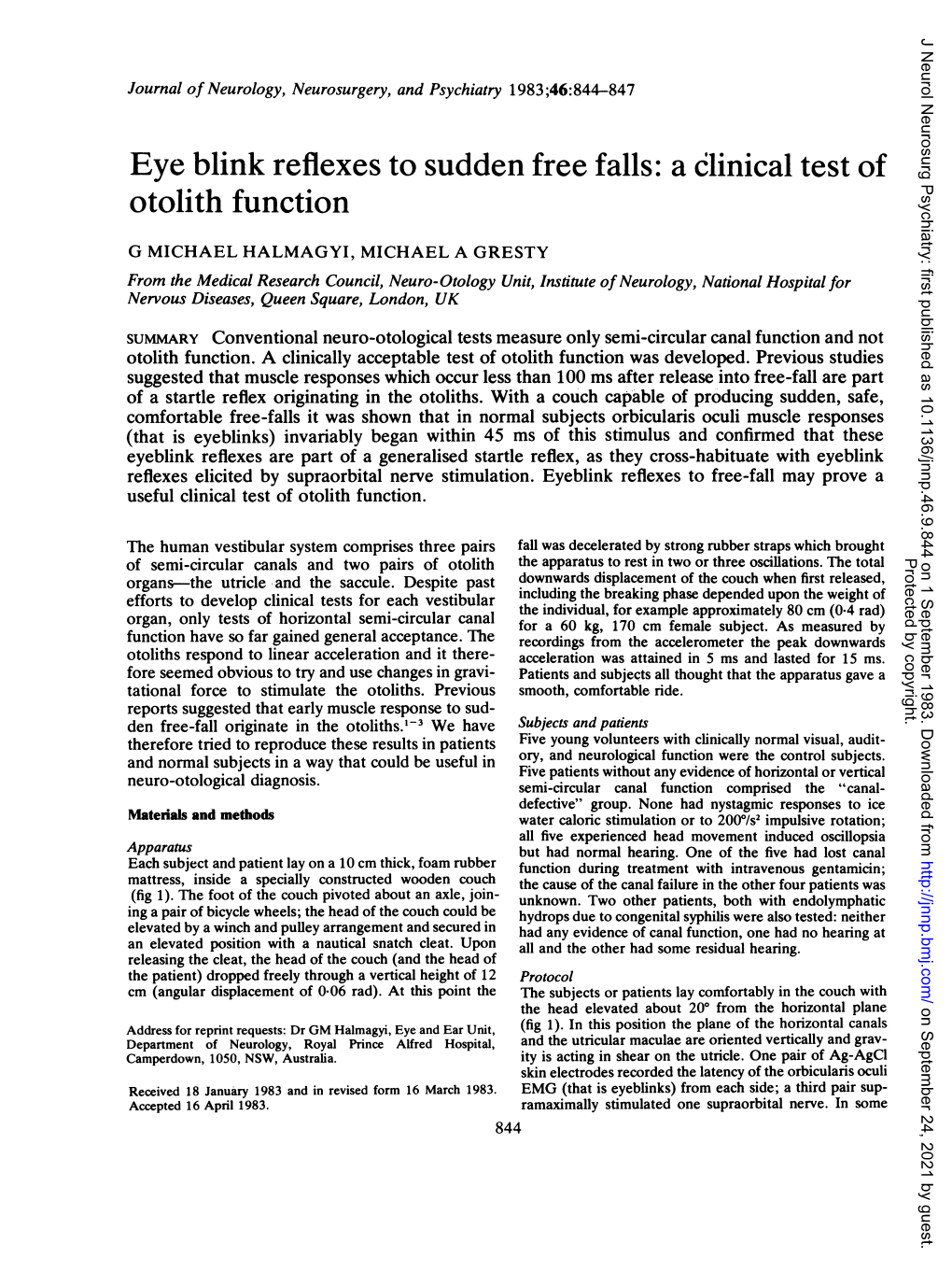 Eye Blink Reflexes to Sudden Free Falls: a Clinical Test of Otolith Function