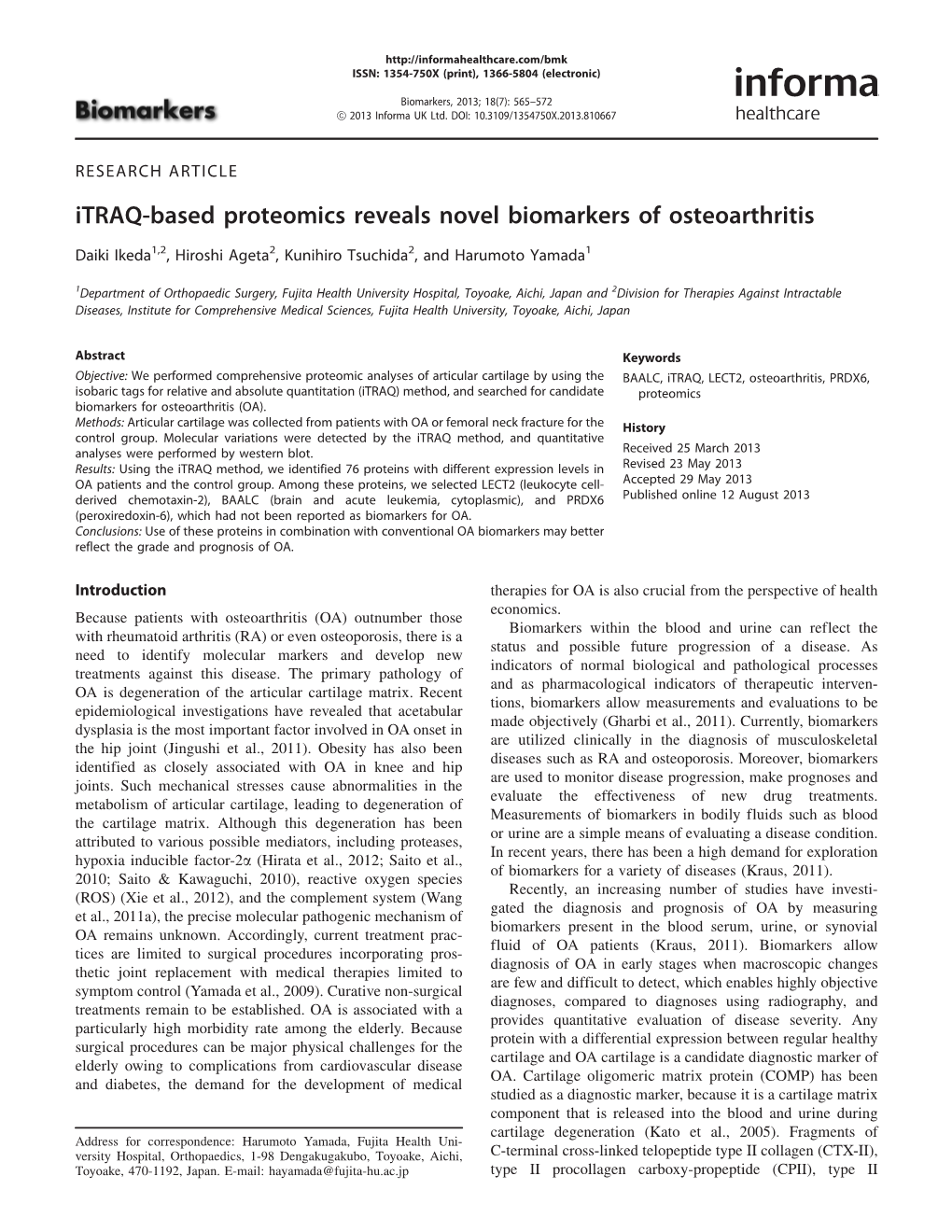 Itraq-Based Proteomics Reveals Novel Biomarkers of Osteoarthritis