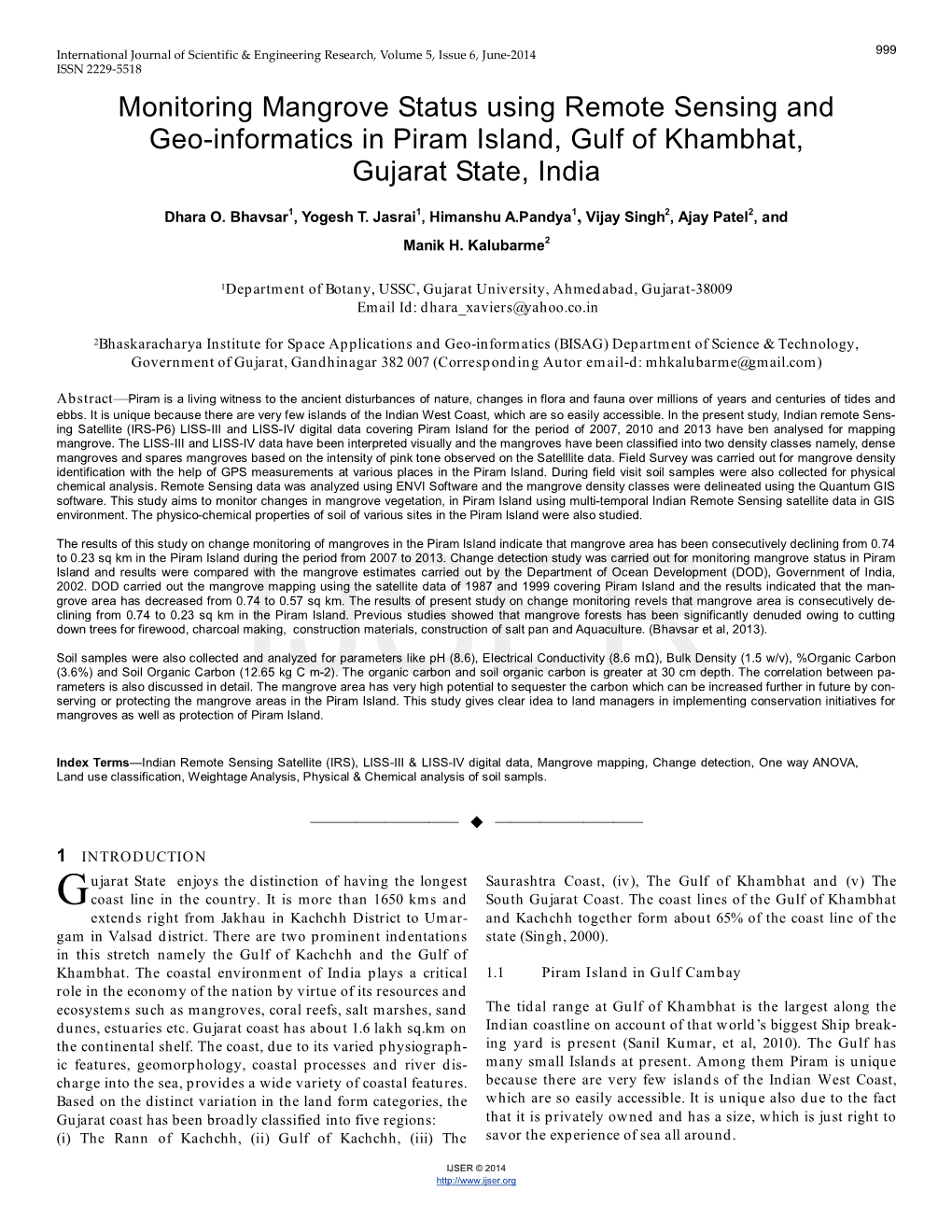 Monitoring Mangrove Status Using Remote Sensing and Geo-Informatics in Piram Island, Gulf of Khambhat, Gujarat State, India