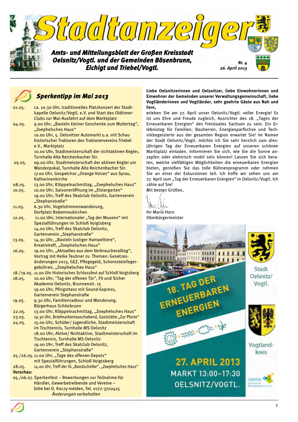 Amts- Und Mitteilungsblatt Der Großen Kreisstadt Oelsnitz/Vogtl. Und Der Gemeinden Bösenbrunn, Nr