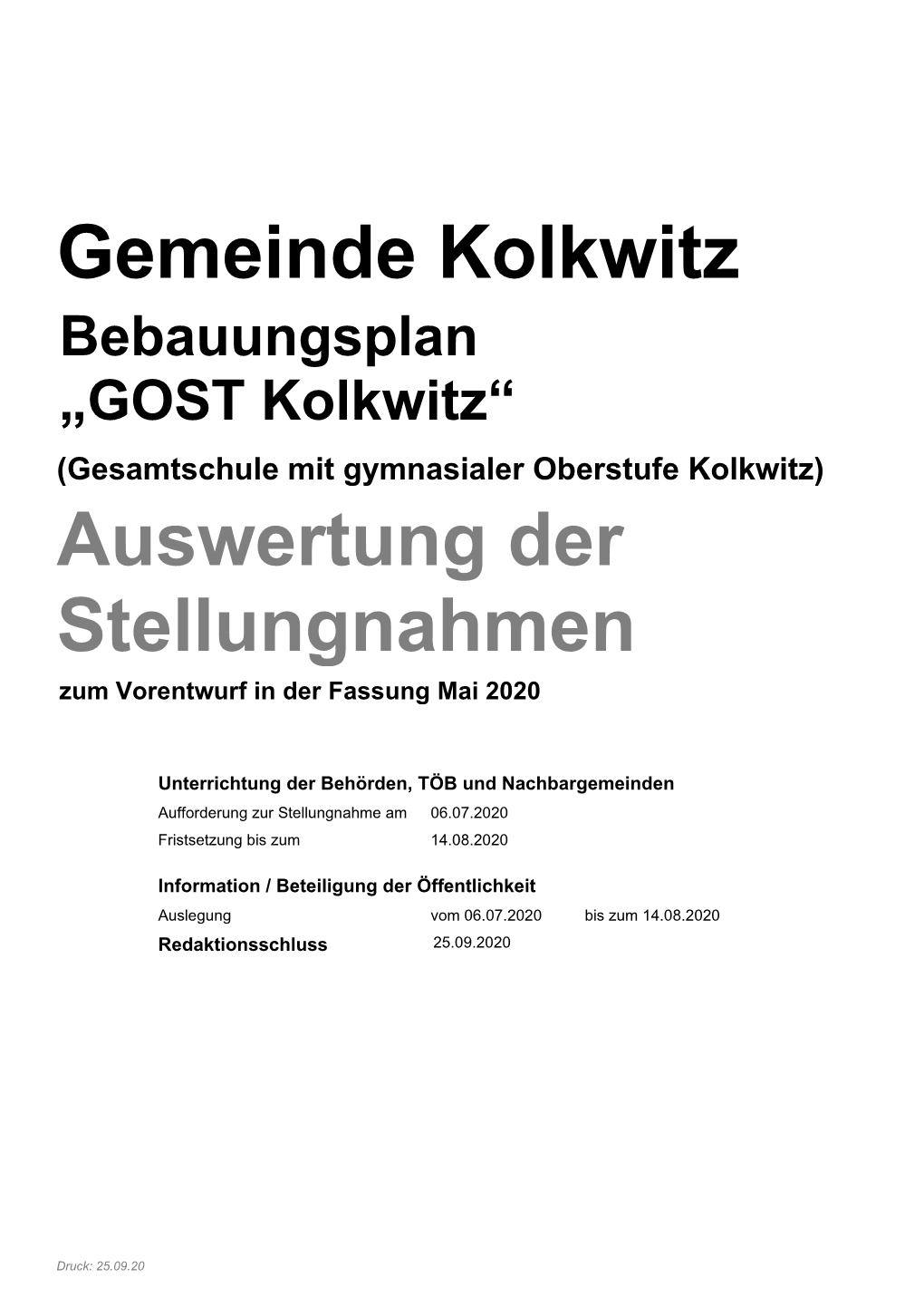 Gemeinde Kolkwitz Auswertung Der Stellungnahmen