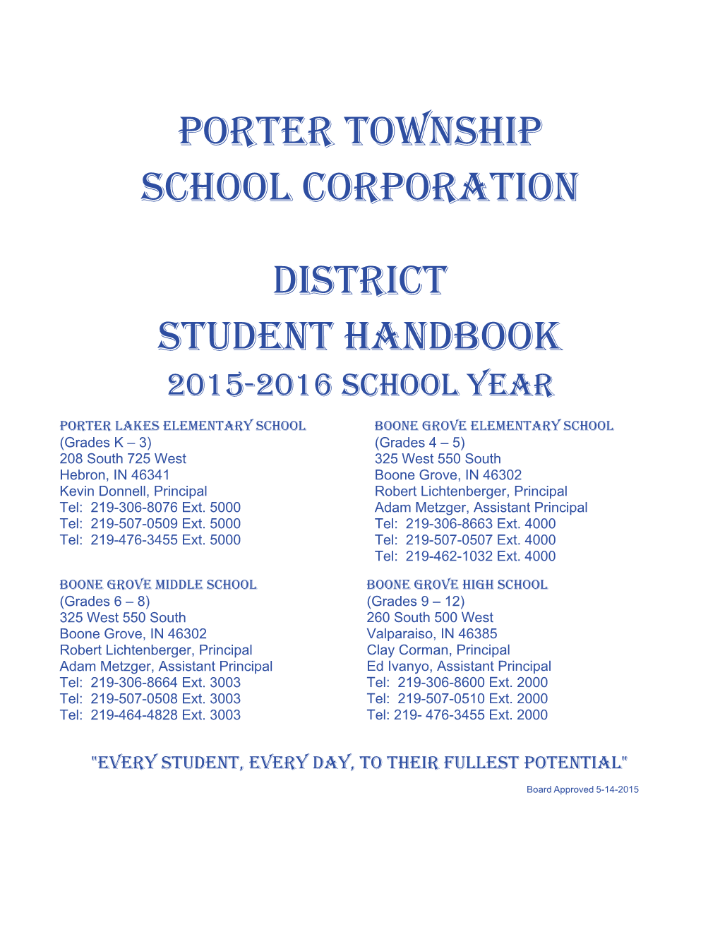 Porter Township School Corporation District Student Handbook