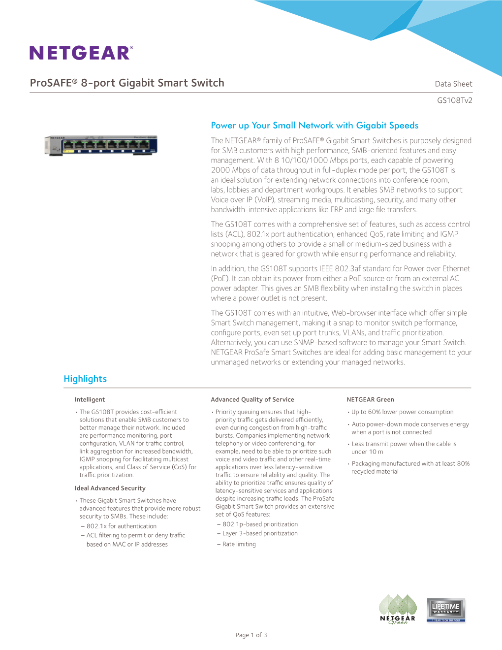 Prosafe® 8-Port Gigabit Smart Switch Data Sheet Gs108tv2