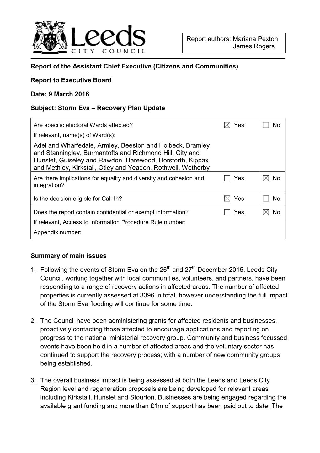 Report to Executive Board Date: 9 March 2016 Subject: Storm