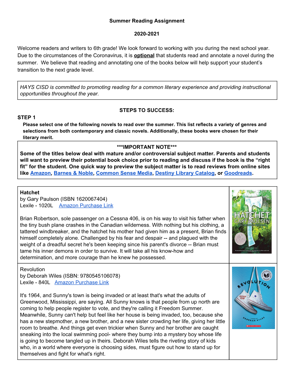 Summer Reading Assignment 2020-2021 Welcome Readers And