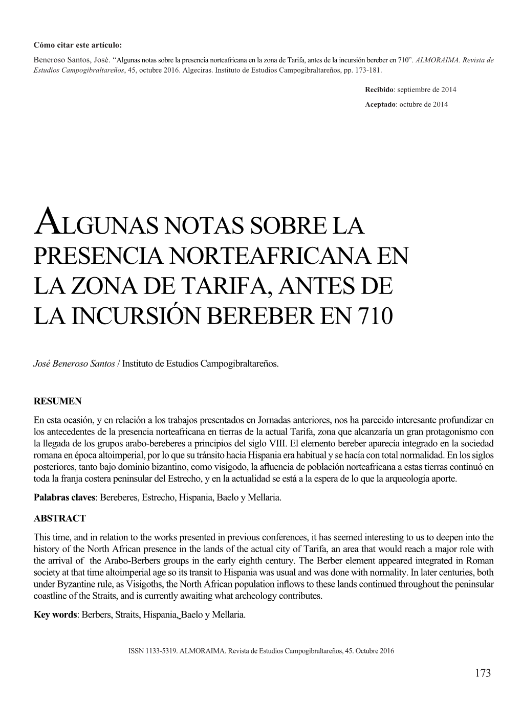 Algunas Notas Sobre La Presencia Norteafricana En La Zona De Tarifa, Antes De La Incursión Bereber En 710”