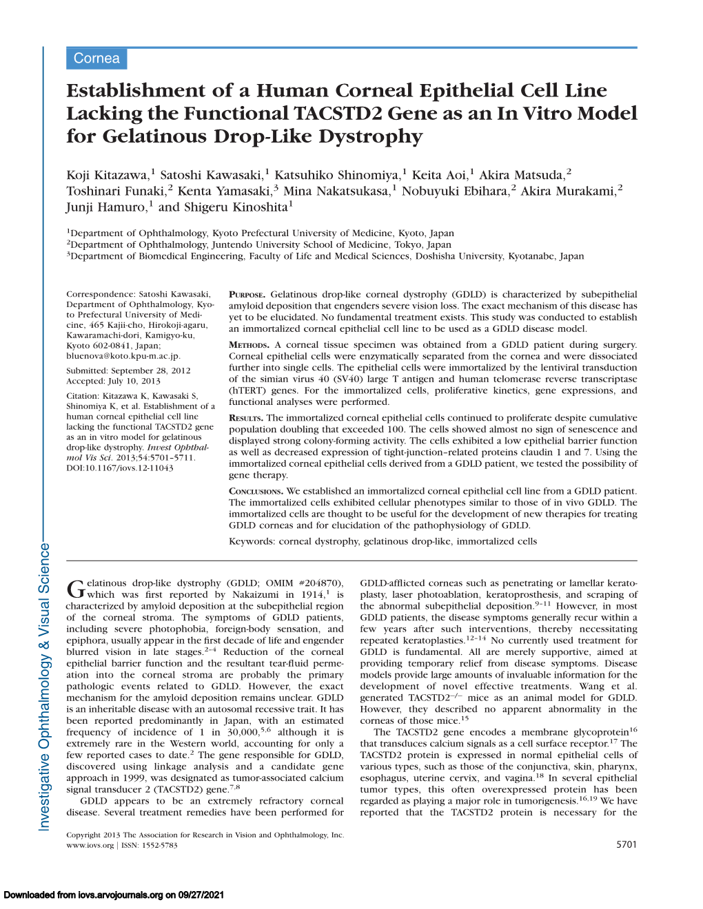 Establishment of a Human Corneal Epithelial Cell Line Lacking the Functional TACSTD2 Gene As an in Vitro Model for Gelatinous Drop-Like Dystrophy