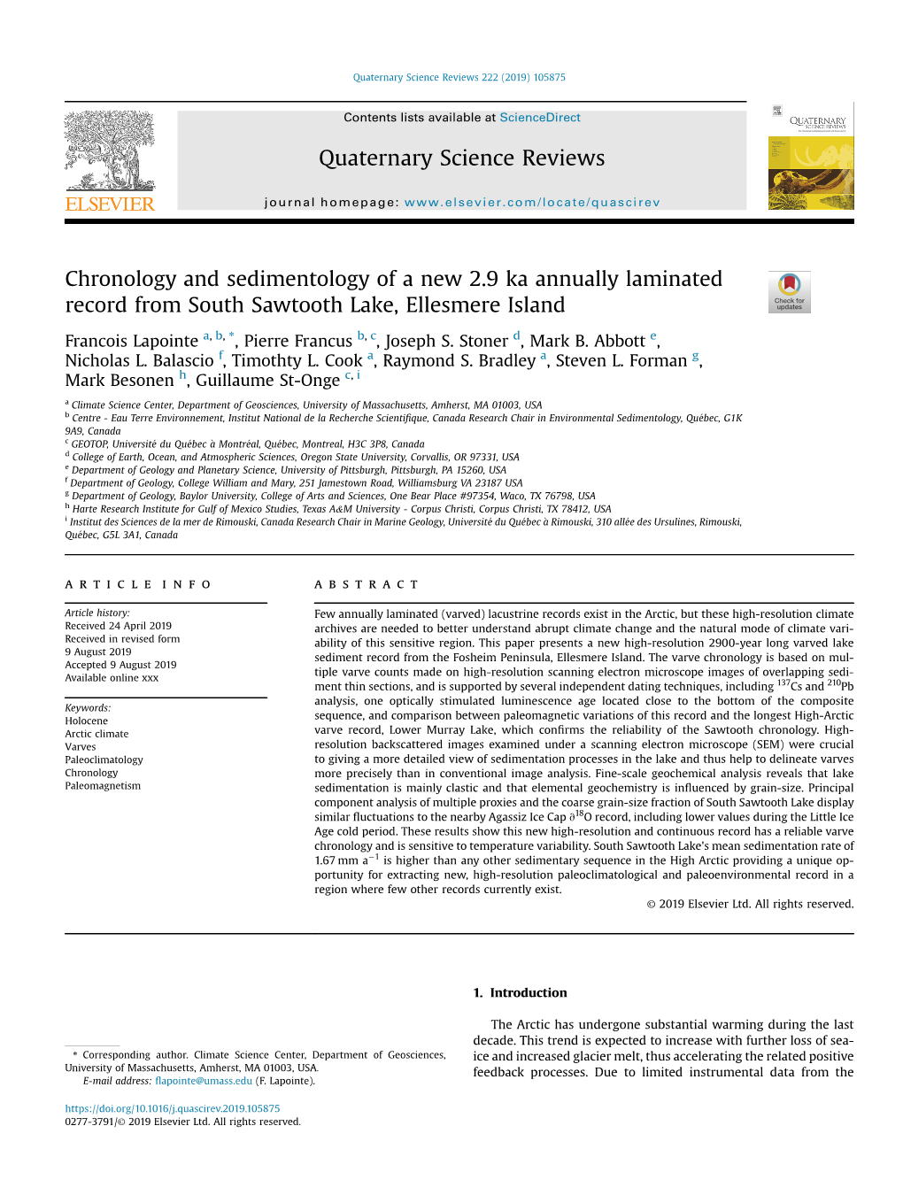 Chronology and Sedimentology of a New 2.9 Ka Annually Laminated Record from South Sawtooth Lake, Ellesmere Island