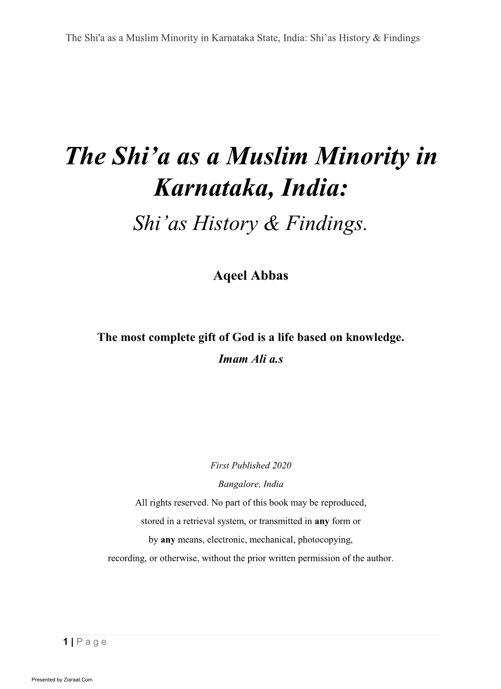 The Shi'a As a Muslim Minority in Karnataka, India