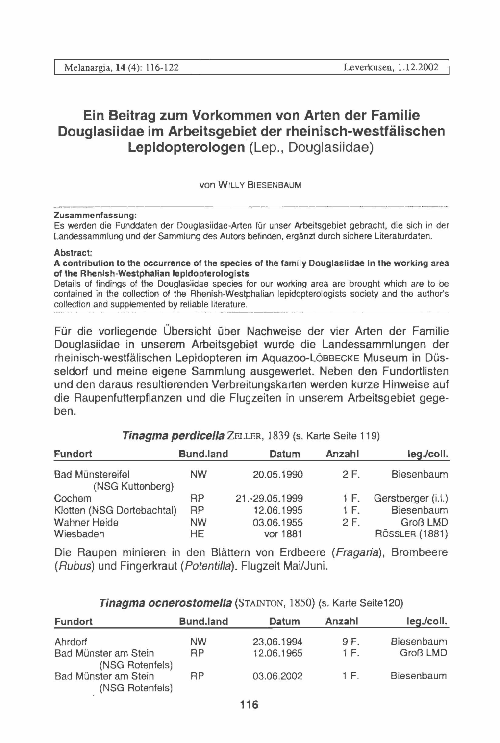 Ein Beitrag Zum Vorkommen Von Arten Der Familie Douglasiidae Im Arbeitsgebiet Der Rheinisch-Westfälischen Lepidopterologen (Lep., Douglasiidae)