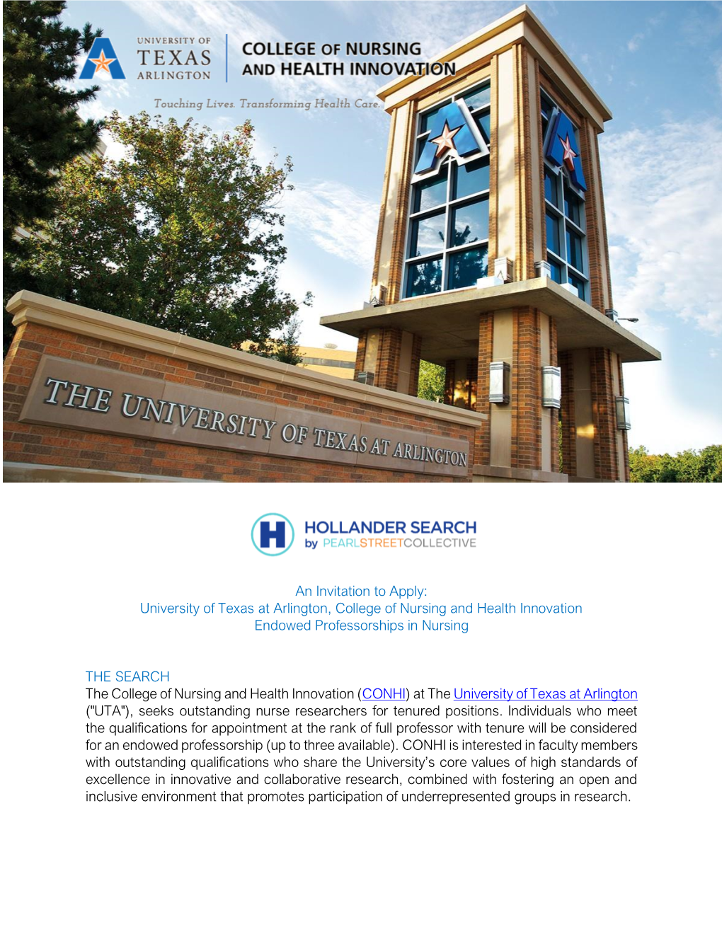 An Invitation to Apply: University of Texas at Arlington, College of Nursing and Health Innovation Endowed Professorships in Nursing