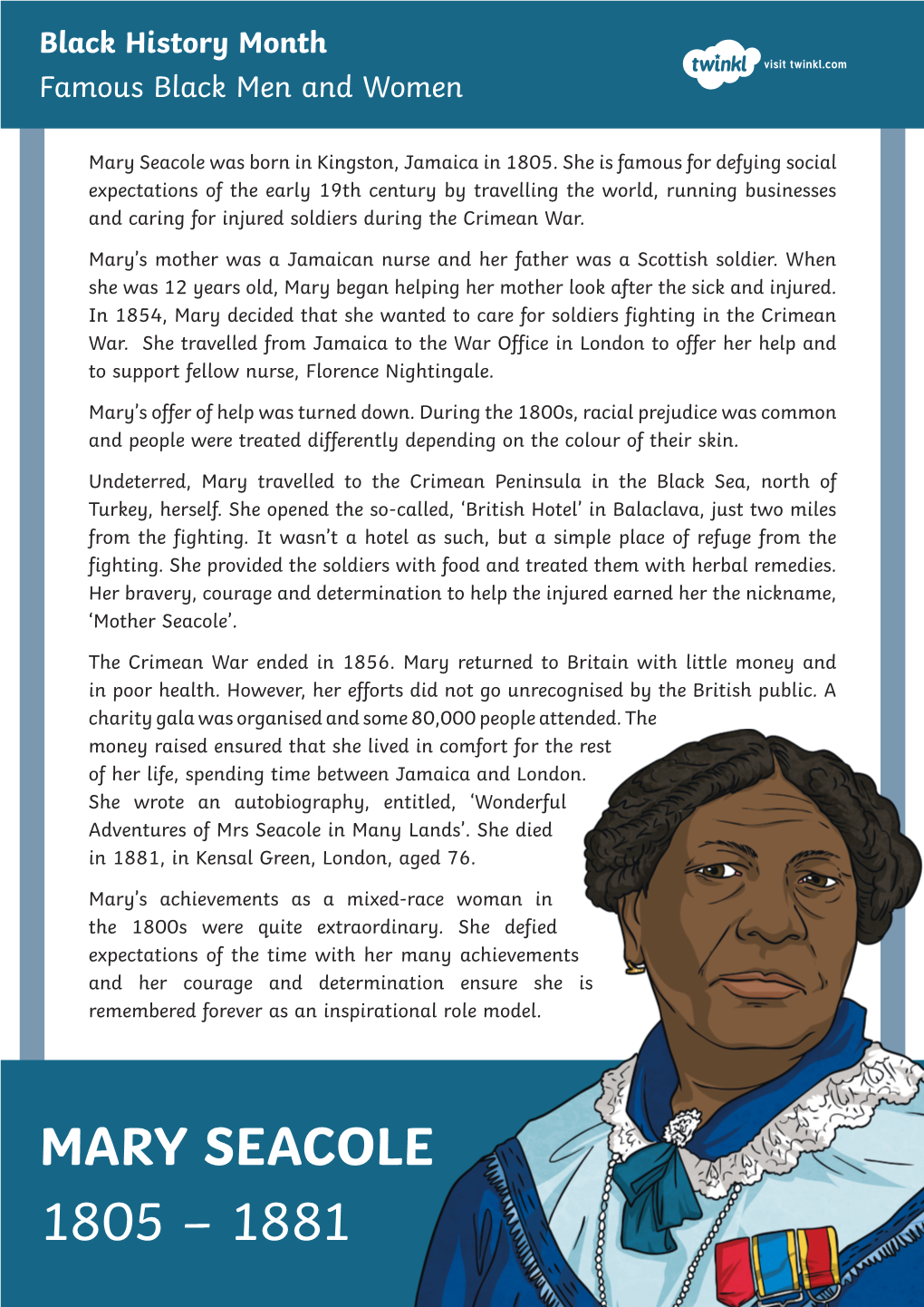 MARY SEACOLE 1805 – 1881 Black History Month Visit Twinkl.Com Famous Black Men and Women