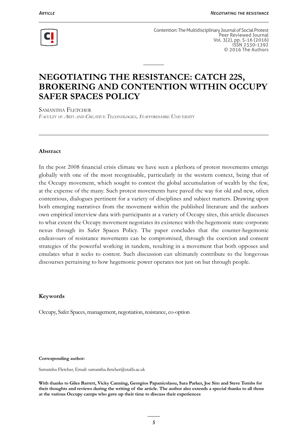 Negotiating the Resistance: Catch 22S, Brokering and Contention Within Occupy Safer Spaces Policy