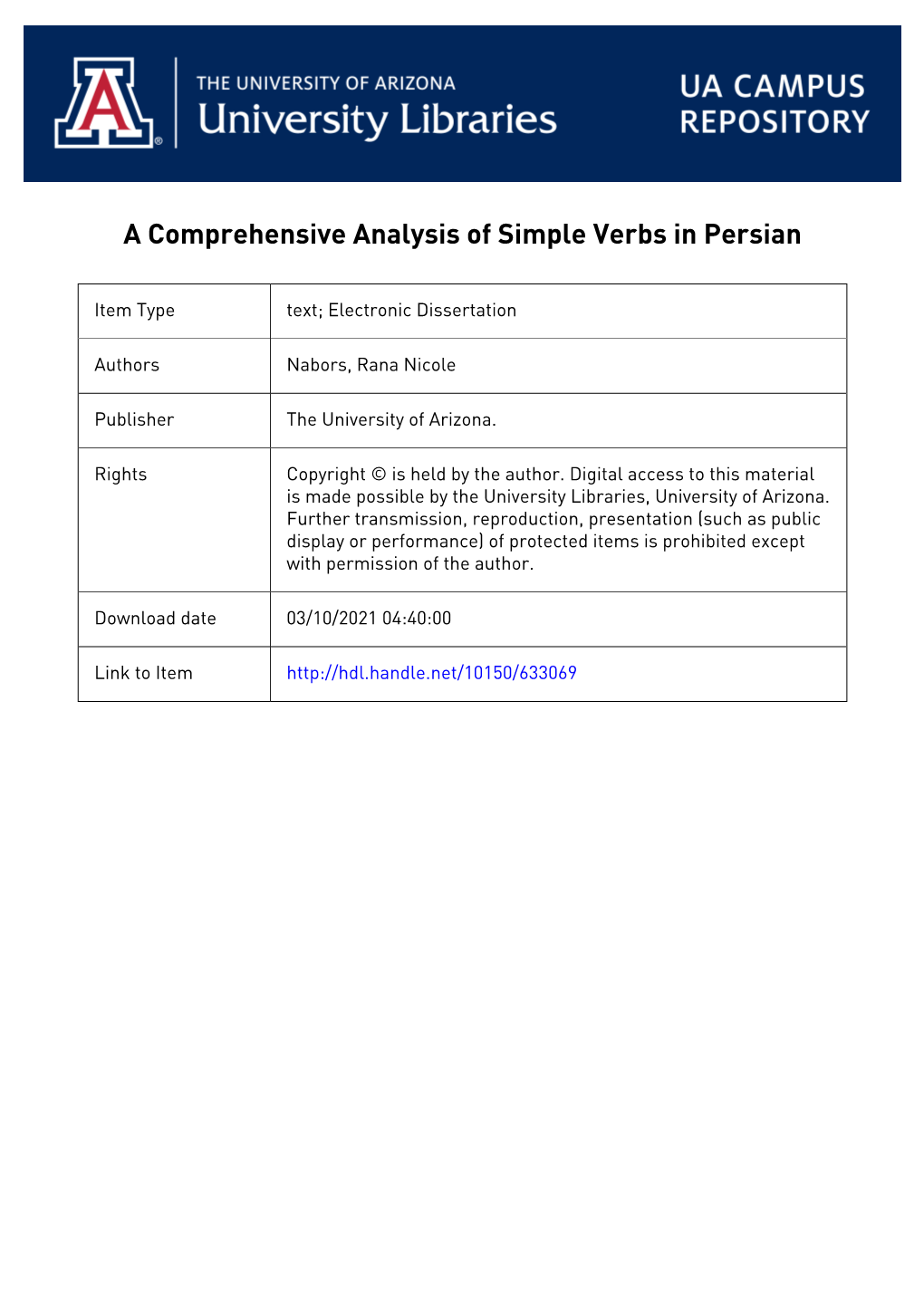 A COMPREHENSIVE ANALYSIS of SIMPLE VERBS in PERSIAN By
