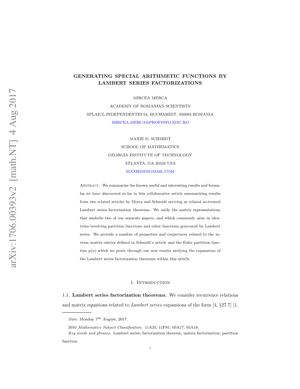 Generating Special Arithmetic Functions by Lambert Series Factorizations