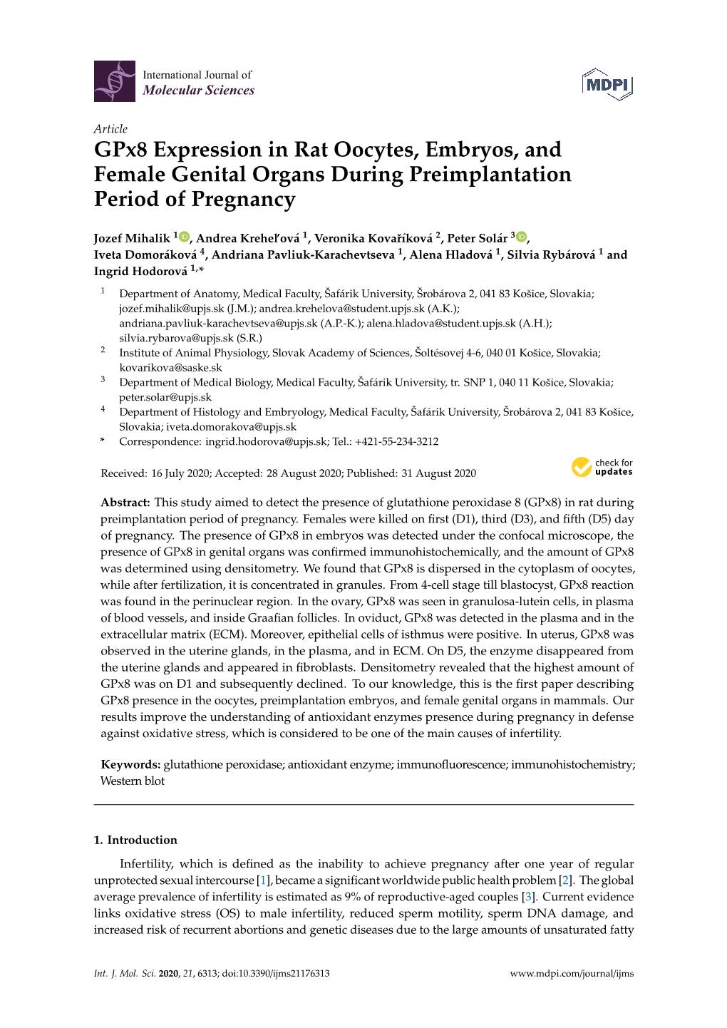 Gpx8 Expression in Rat Oocytes, Embryos, and Female Genital Organs During Preimplantation Period of Pregnancy