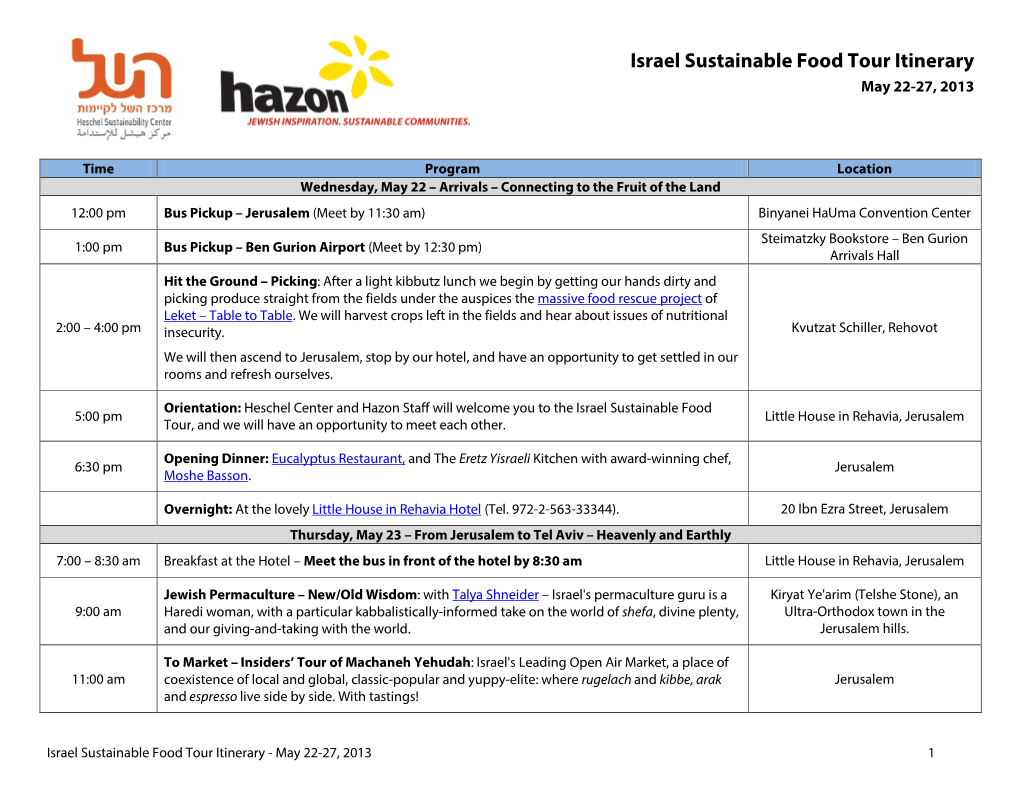 Israel Sustainable Food Tour Itinerary May 22-27, 2013