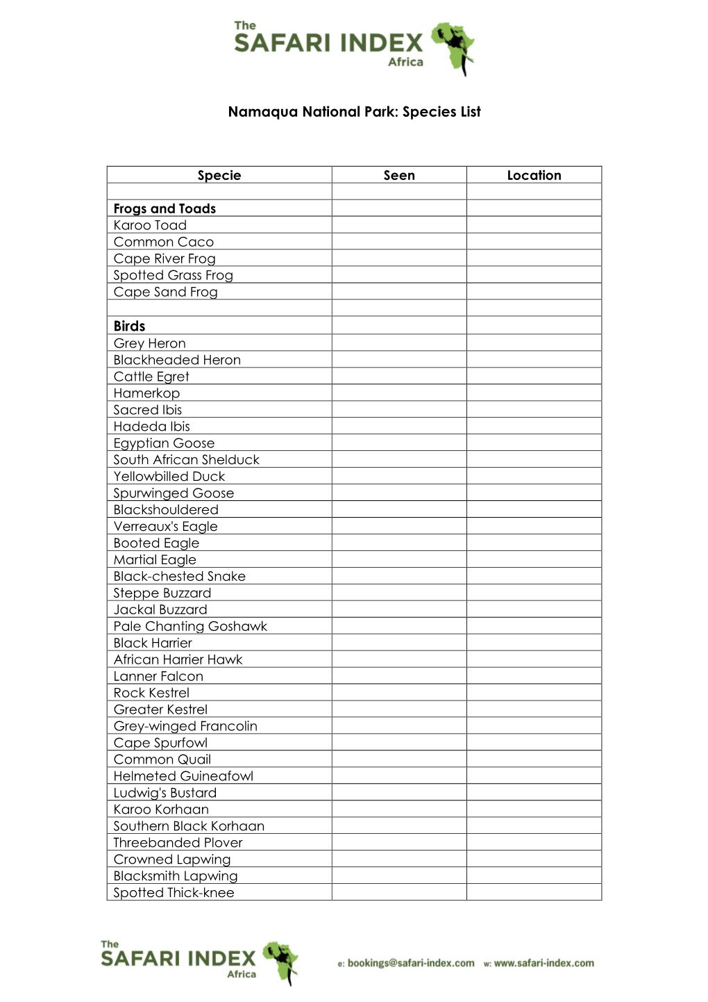 Namaqua National Park: Species List Birds