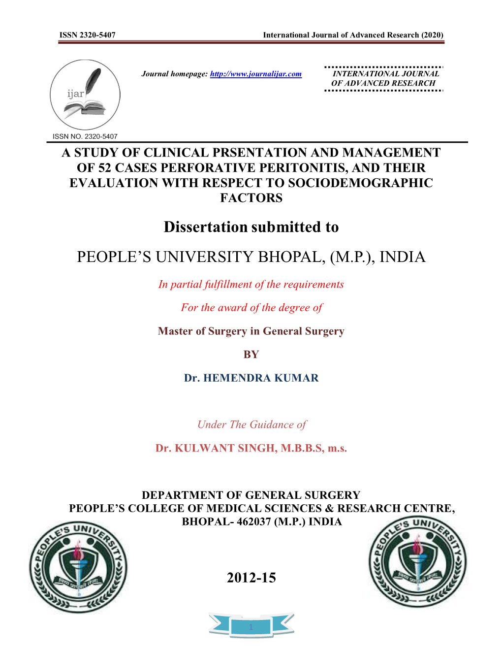 Dissertation Submitted to PEOPLE's UNIVERSITY BHOPAL, (M.P.), INDIA