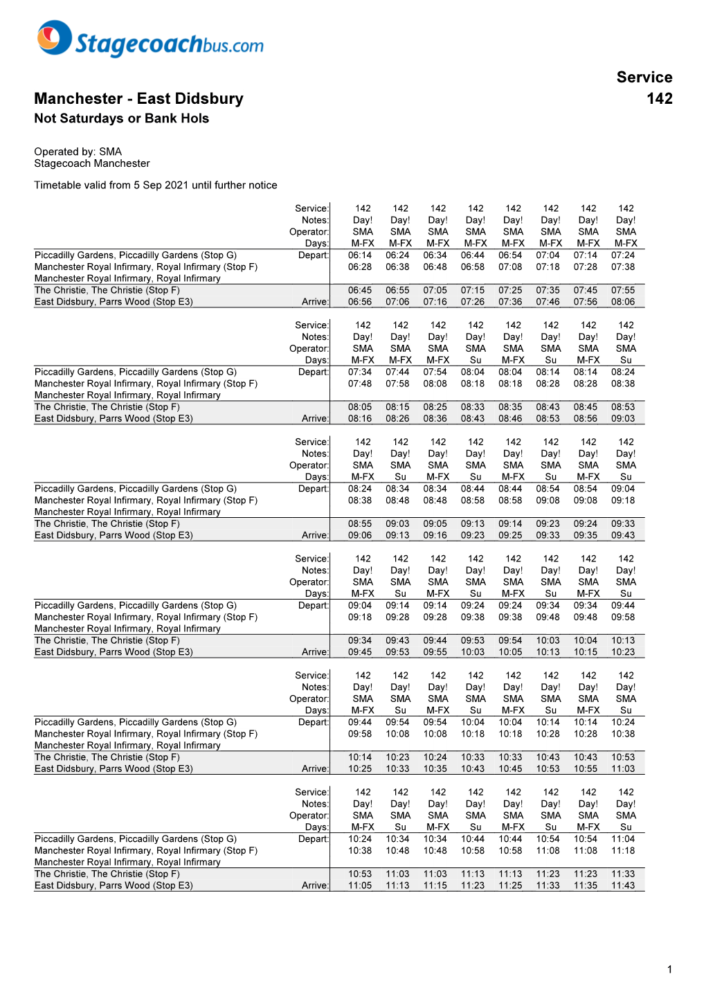 Service Manchester - East Didsbury 142 Not Saturdays Or Bank Hols