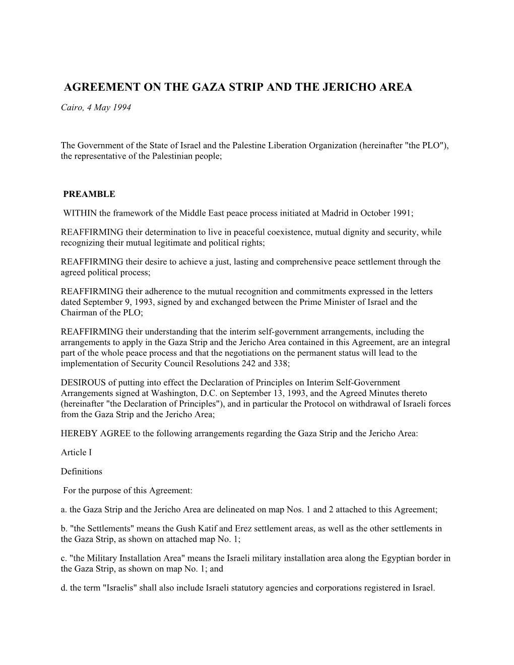 Agreement on the Gaza Strip and the Jericho Area