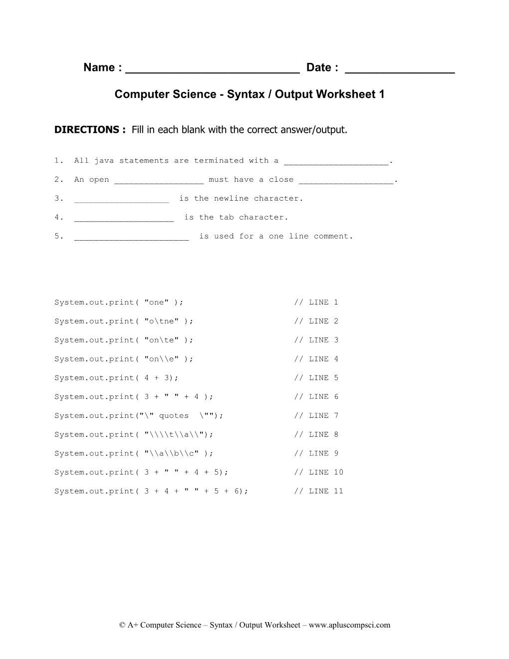 Syntax / Output Worksheet