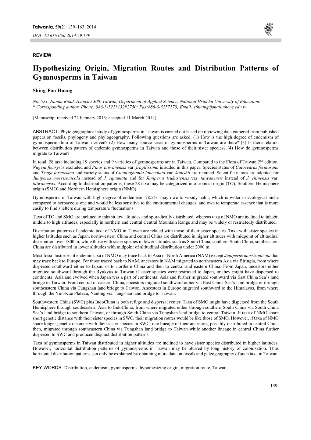 Hypothesizing Origin, Migration Routes and Distribution Patterns of Gymnosperms in Taiwan