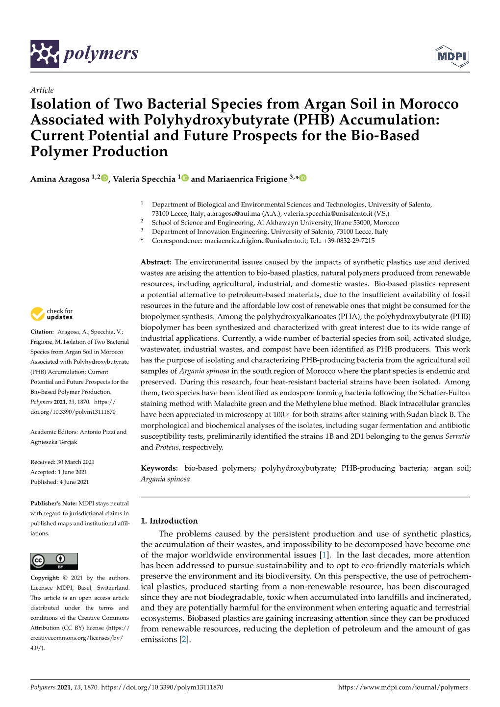 Isolation of Two Bacterial Species from Argan Soil in Morocco