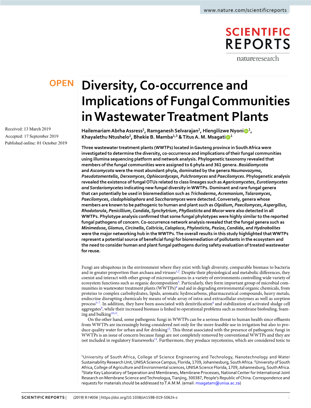 Diversity, Co-Occurrence and Implications of Fungal Communities