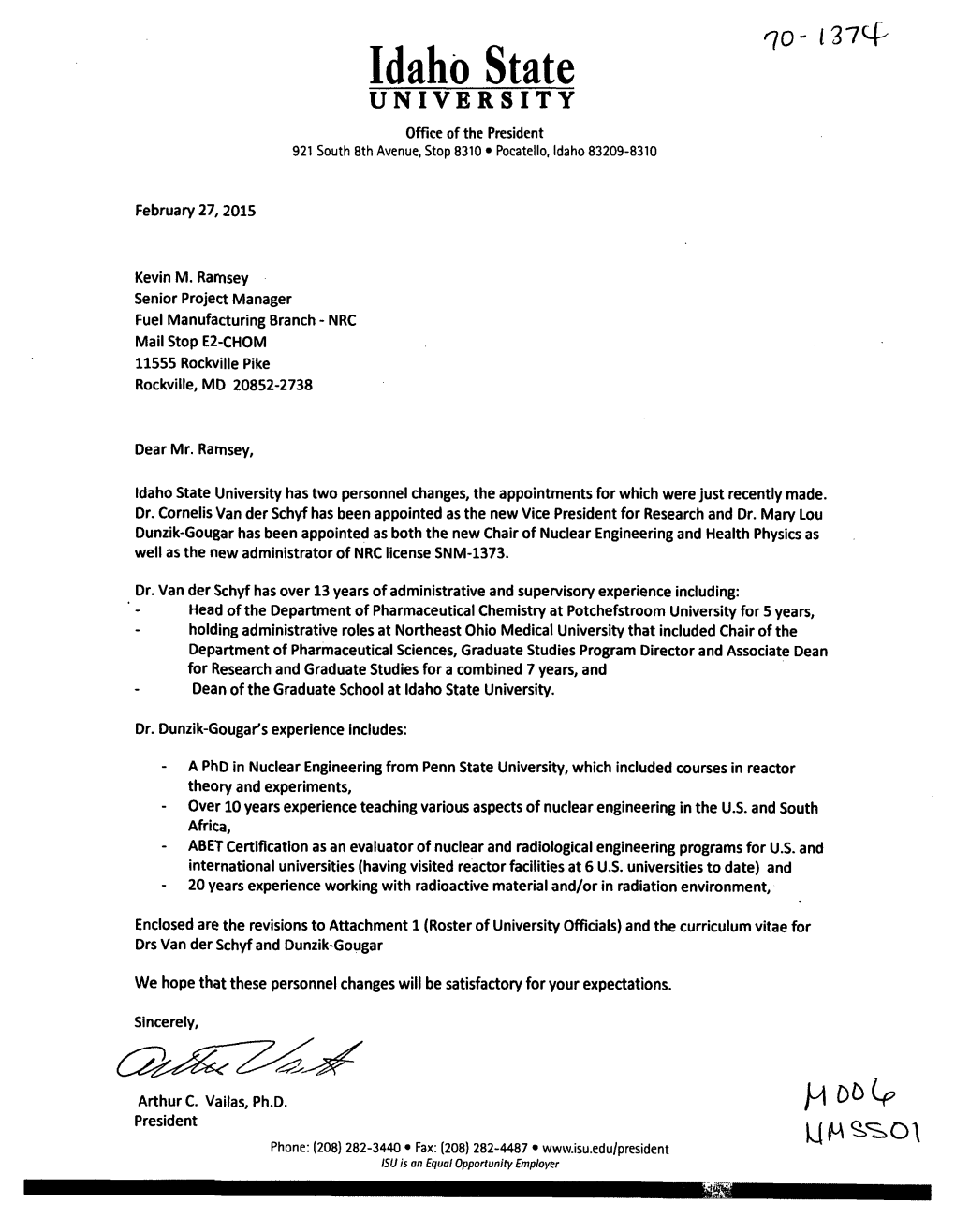 Letter from Idaho State University Regarding Two Personnel Changes