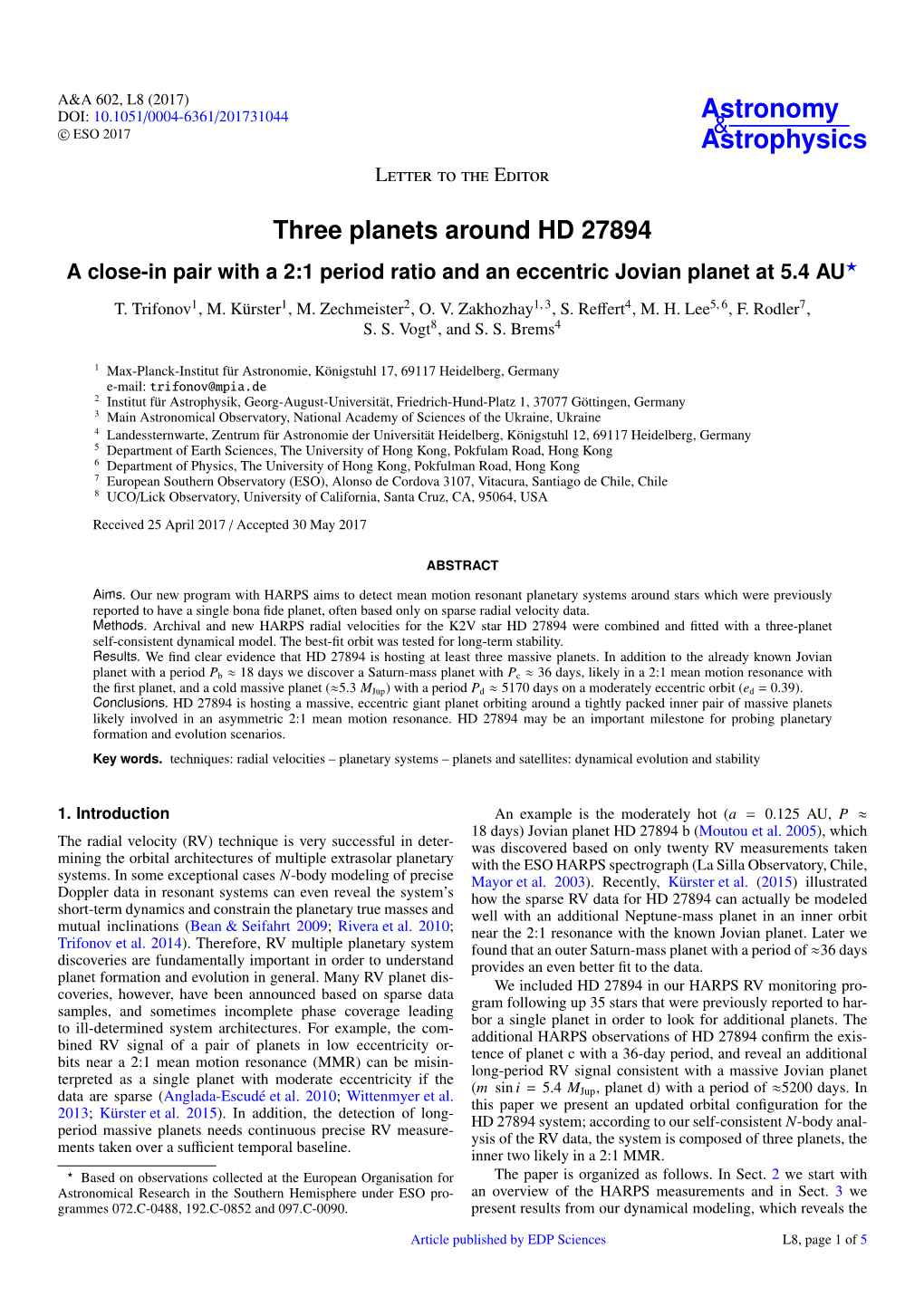 Three Planets Around HD 27894 a Close-In Pair with a 2:1 Period Ratio and an Eccentric Jovian Planet at 5.4 AU?