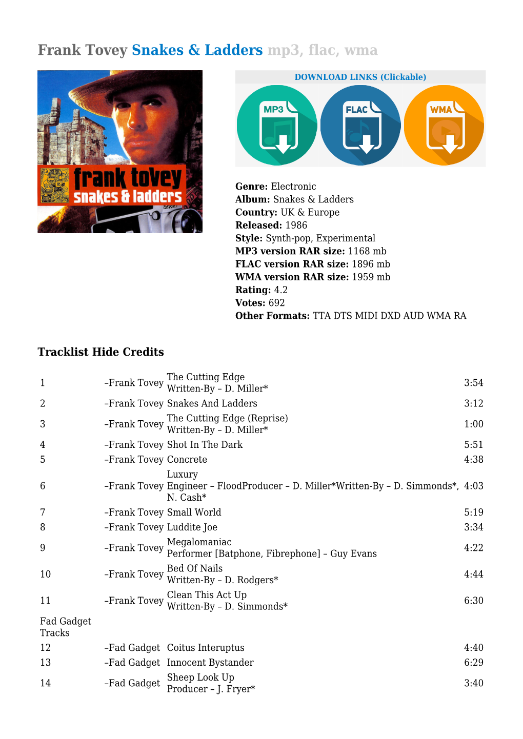 Frank Tovey Snakes & Ladders Mp3, Flac