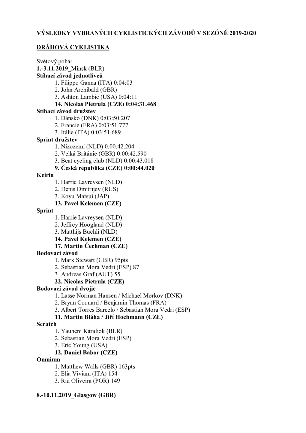 VÝSLEDKY VYBRANÝCH CYKLISTICKÝCH ZÁVODŮ V SEZÓNĚ 2019-2020 DRÁHOVÁ CYKLISTIKA Světový Pohár 1.-3.11.2019 Minsk (BLR)
