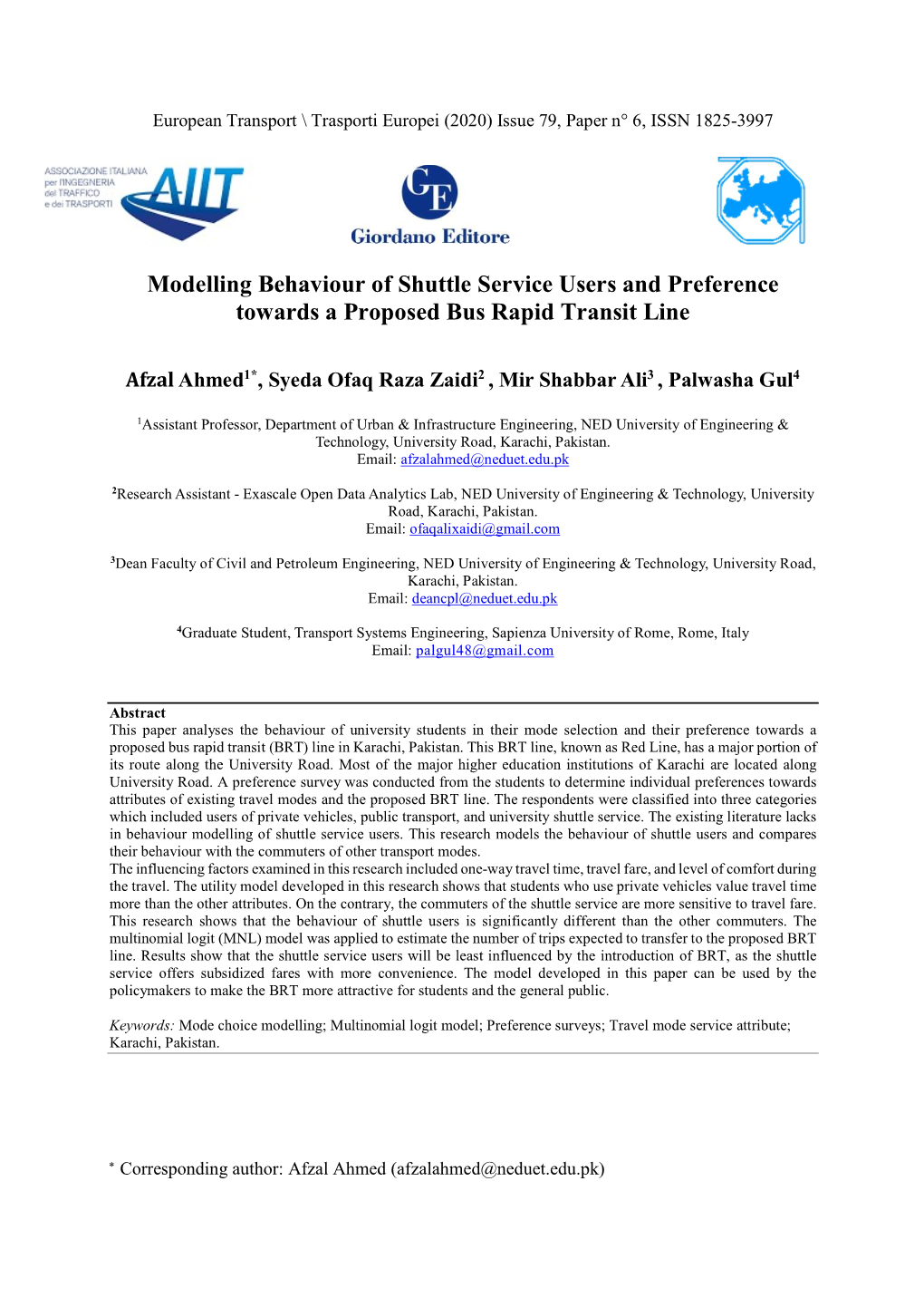 Modelling Behaviour of Shuttle Service Users and Preference Towards a Proposed Bus Rapid Transit Line